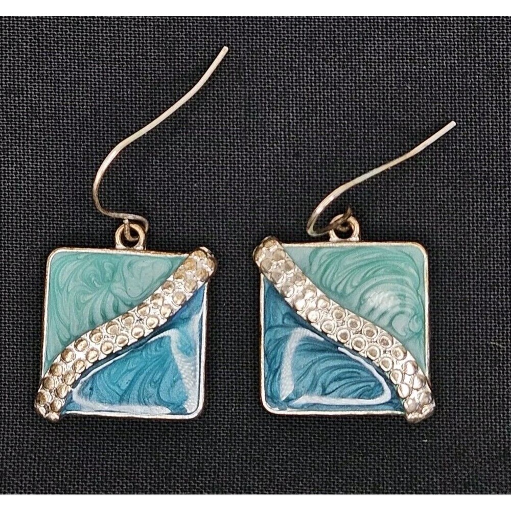 Vintage/Retro Kenneth Cole KC Blue Enamel Square Earrings, Silver Tone, 1980s